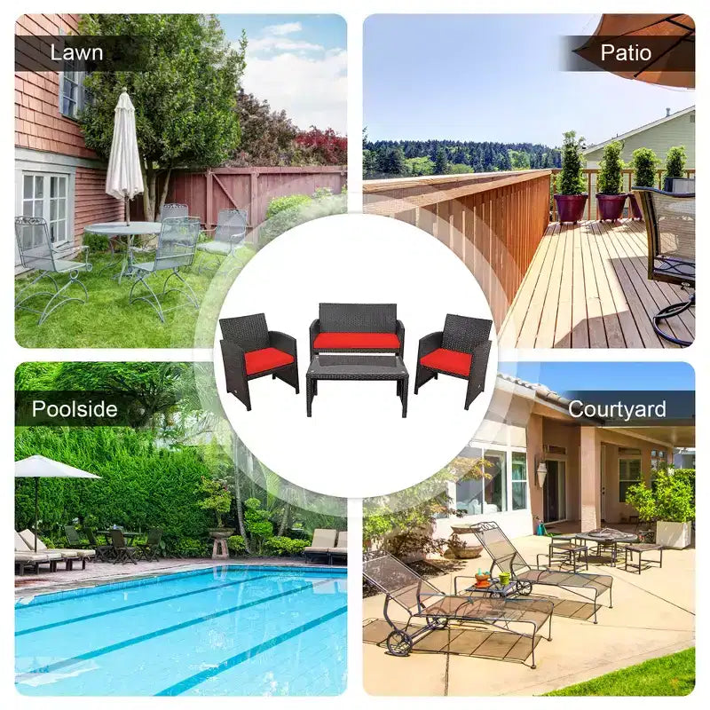 Costway Ensemble de mobilier de terrasse en rotin de 8 pièces avec chaises rembourrées, canapé et table basse blanc\marine	urquoiseouge