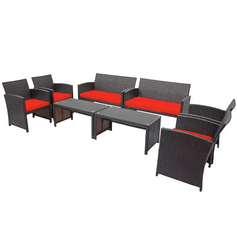Costway Ensemble de mobilier de terrasse en rotin de 8 pièces avec chaises rembourrées, canapé et table basse blanc\marine	urquoiseouge