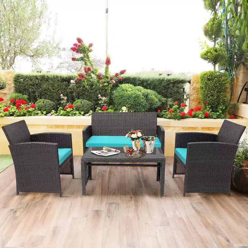 Costway Ensemble de mobilier de terrasse en rotin de 8 pièces avec chaises rembourrées, canapé et table basse blanc\marine	urquoiseouge