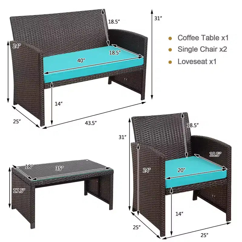Costway Ensemble de mobilier de terrasse en rotin de 8 pièces avec chaises rembourrées, canapé et table basse blanc\marine	urquoiseouge