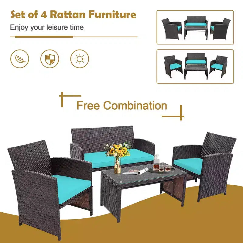 Costway Ensemble de mobilier de terrasse en rotin de 8 pièces avec chaises rembourrées, canapé et table basse blanc\marine	urquoiseouge