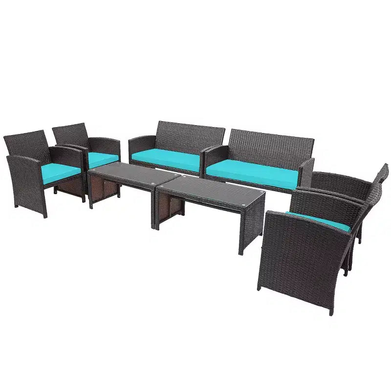 Costway Ensemble de mobilier de terrasse en rotin de 8 pièces avec chaises rembourrées, canapé et table basse blanc\marine	urquoiseouge