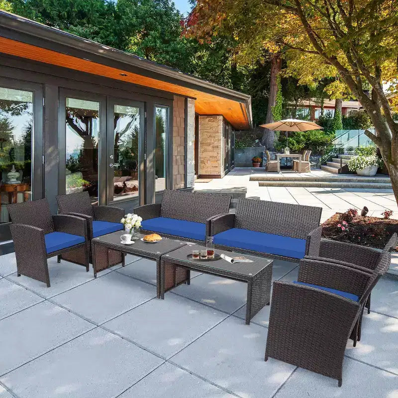 Set Costway da patio in rattan da 8 pezzi, con sedie imbottite, divano e tavolino da caffè, Bianco\Blu navy\Turchese\Rosso