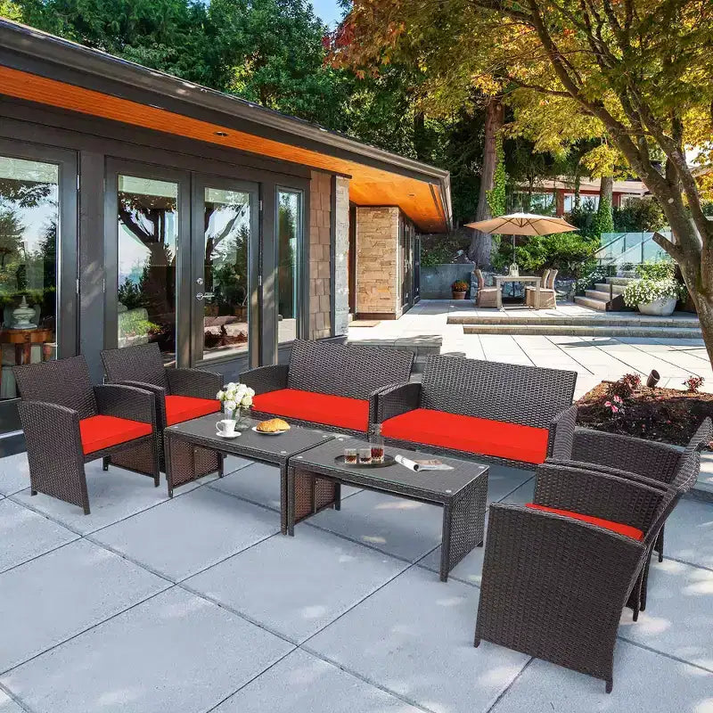Set Costway da patio in rattan da 8 pezzi, con sedie imbottite, divano e tavolino da caffè, Bianco\Blu navy\Turchese\Rosso