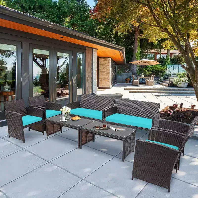 Set Costway da patio in rattan da 8 pezzi, con sedie imbottite, divano e tavolino da caffè, Bianco\Blu navy\Turchese\Rosso