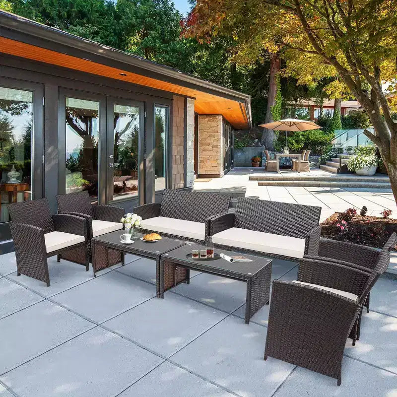 Set Costway da patio in rattan da 8 pezzi, con sedie imbottite, divano e tavolino da caffè, Bianco\Blu navy\Turchese\Rosso