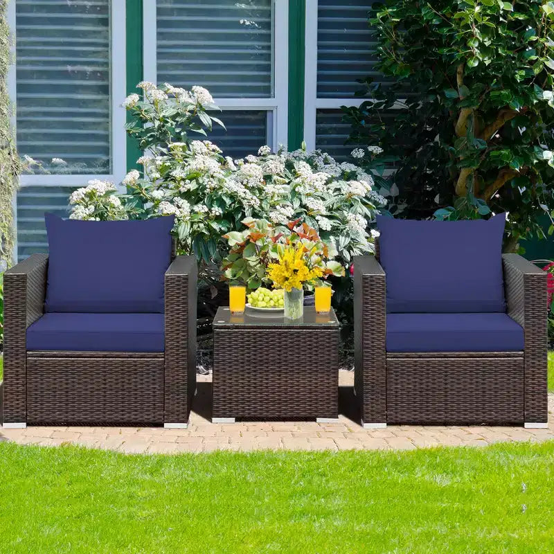 Set di mobili da patio Costway da 3 pezzi in rattan, divano da conversazione imbottito, Turchese\Rosso