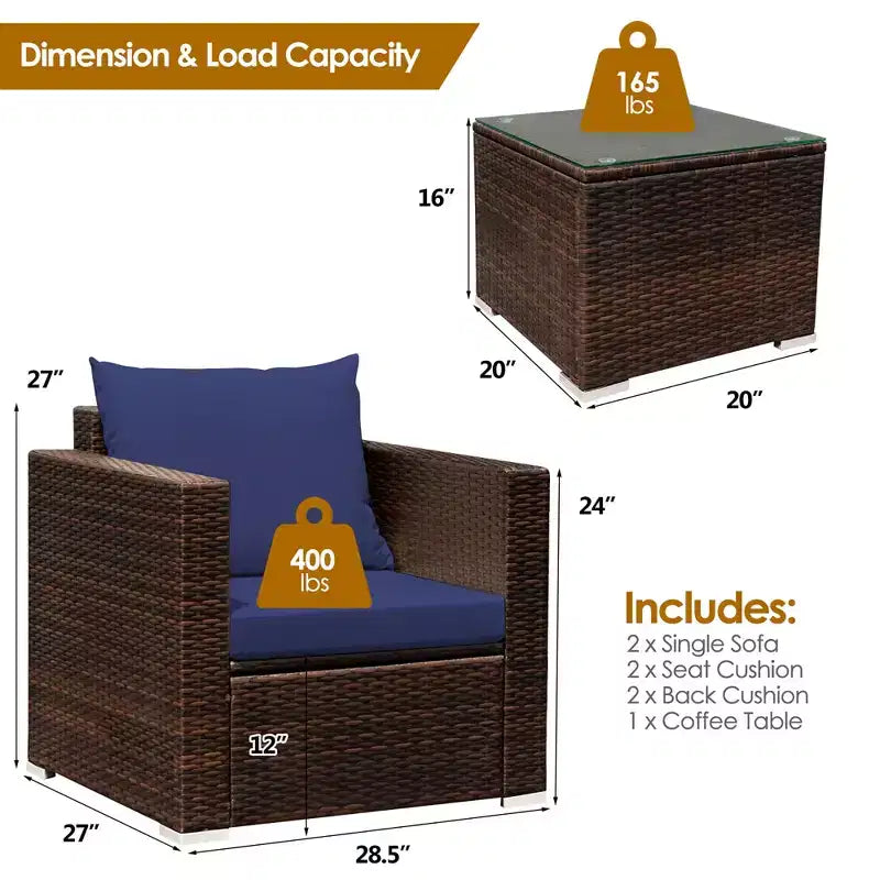 Set di mobili da patio Costway da 3 pezzi in rattan, divano da conversazione imbottito, Turchese\Rosso