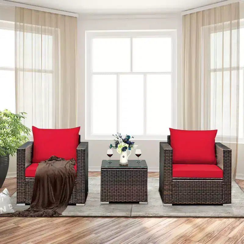 Set di mobili da patio Costway da 3 pezzi in rattan, divano da conversazione imbottito, Turchese\Rosso