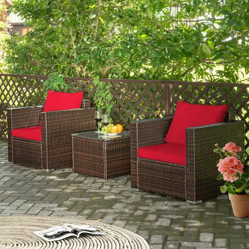 Set di mobili da patio Costway da 3 pezzi in rattan, divano da conversazione imbottito, Turchese\Rosso