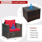 Set di mobili da patio Costway da 3 pezzi in rattan, divano da conversazione imbottito, Turchese\Rosso