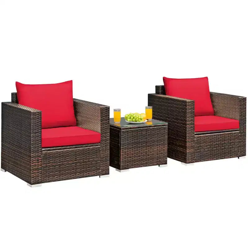 Set di mobili da patio Costway da 3 pezzi in rattan, divano da conversazione imbottito, Turchese\Rosso