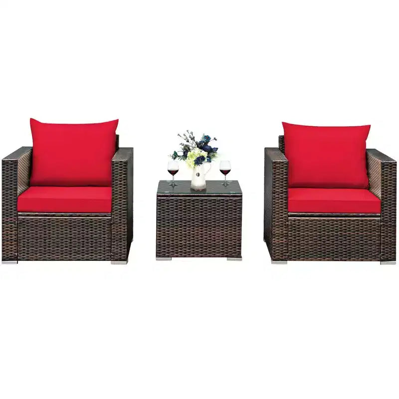 Set di mobili da patio Costway da 3 pezzi in rattan, divano da conversazione imbottito, Turchese\Rosso