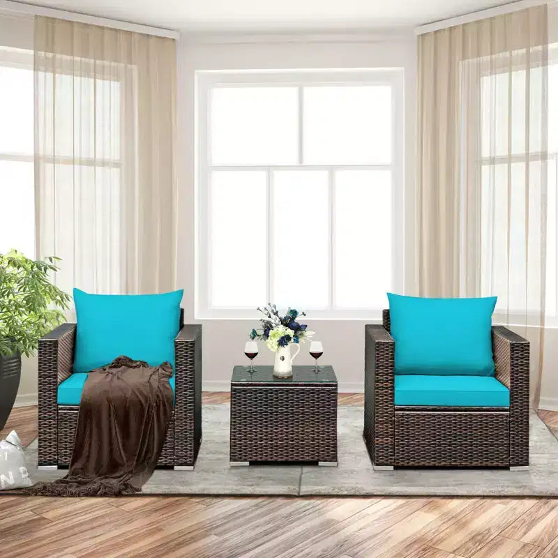 Set di mobili da patio Costway da 3 pezzi in rattan, divano da conversazione imbottito, Turchese\Rosso