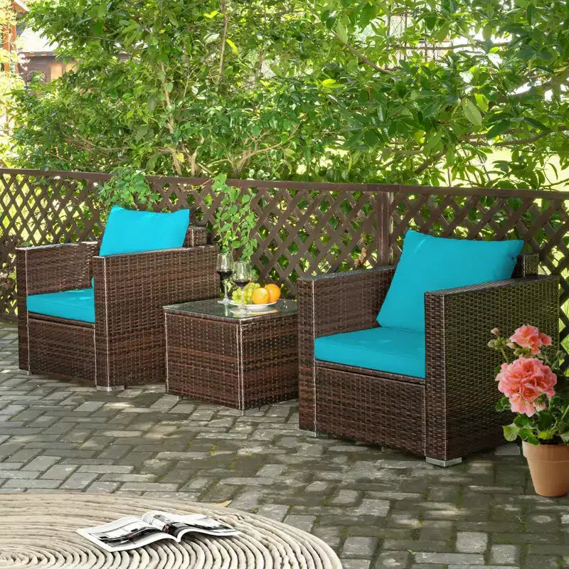 Set di mobili da patio Costway da 3 pezzi in rattan, divano da conversazione imbottito, Turchese\Rosso