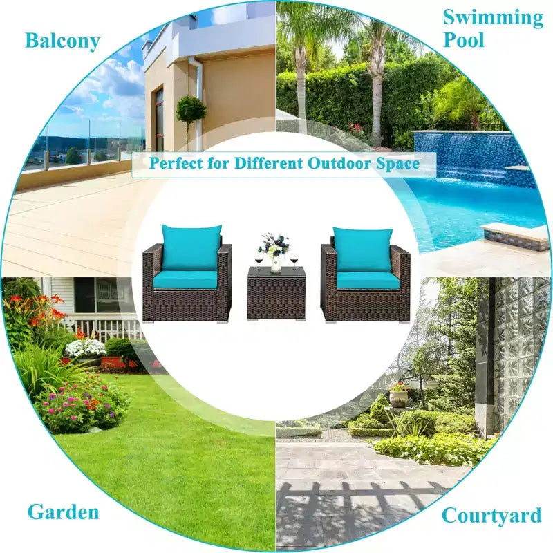 Set di mobili da patio Costway da 3 pezzi in rattan, divano da conversazione imbottito, Turchese\Rosso