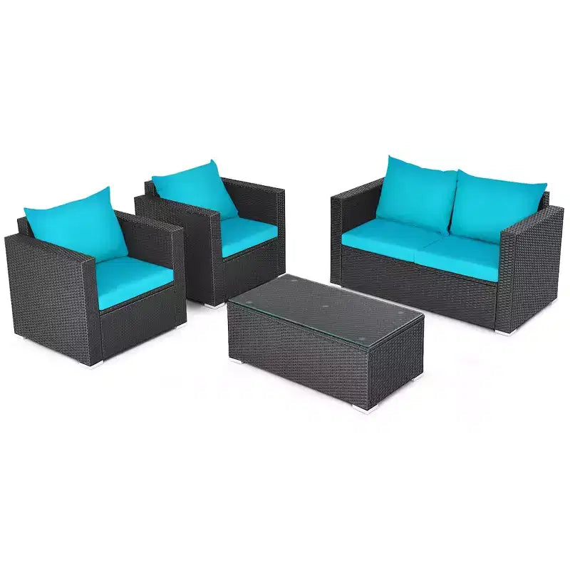 Costway 4-teiliges Gartenmöbel-Set aus Rattan mit gepolstertem Sofa, Stuhl und Couchtisch, Türkis