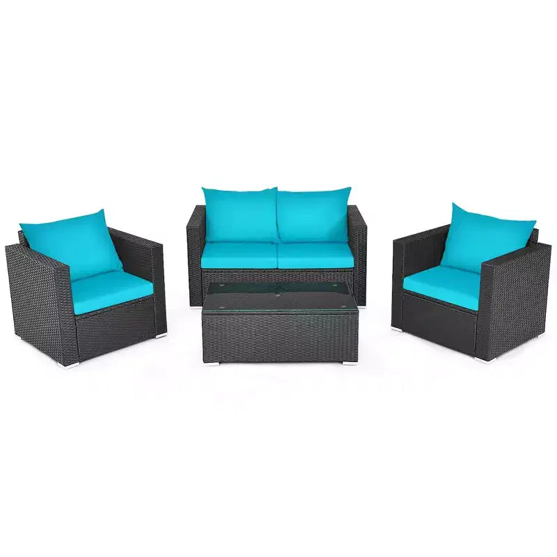 Costway 4-teiliges Gartenmöbel-Set aus Rattan mit gepolstertem Sofa, Stuhl und Couchtisch, Türkis