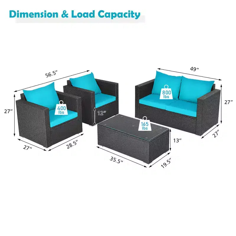 Costway 4-teiliges Gartenmöbel-Set aus Rattan mit gepolstertem Sofa, Stuhl und Couchtisch, Türkis