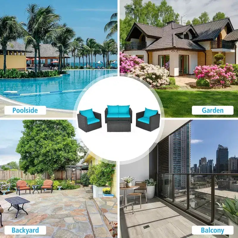 Costway 4-teiliges Gartenmöbel-Set aus Rattan mit gepolstertem Sofa, Stuhl und Couchtisch, Türkis