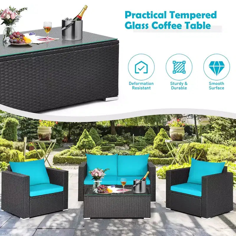 Costway 4-teiliges Gartenmöbel-Set aus Rattan mit gepolstertem Sofa, Stuhl und Couchtisch, Türkis