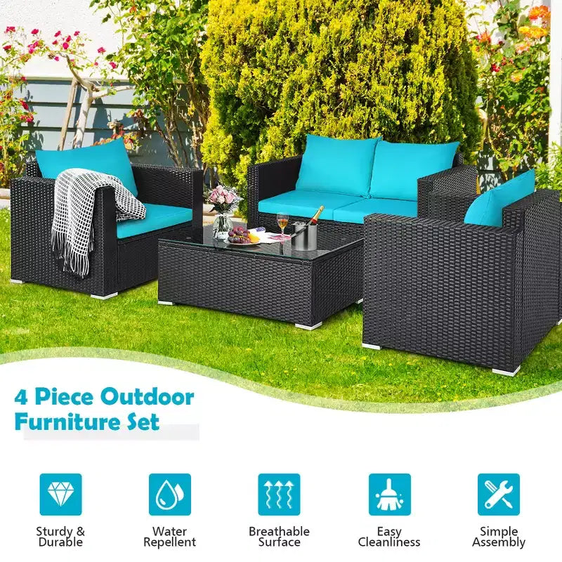 Costway 4-teiliges Gartenmöbel-Set aus Rattan mit gepolstertem Sofa, Stuhl und Couchtisch, Türkis
