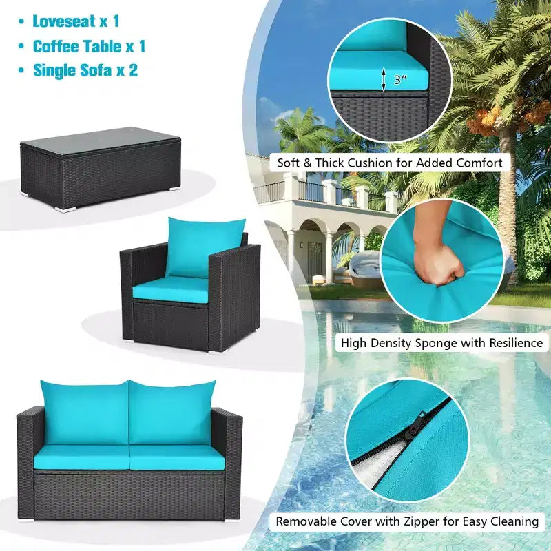 Costway 4-teiliges Gartenmöbel-Set aus Rattan mit gepolstertem Sofa, Stuhl und Couchtisch, Türkis