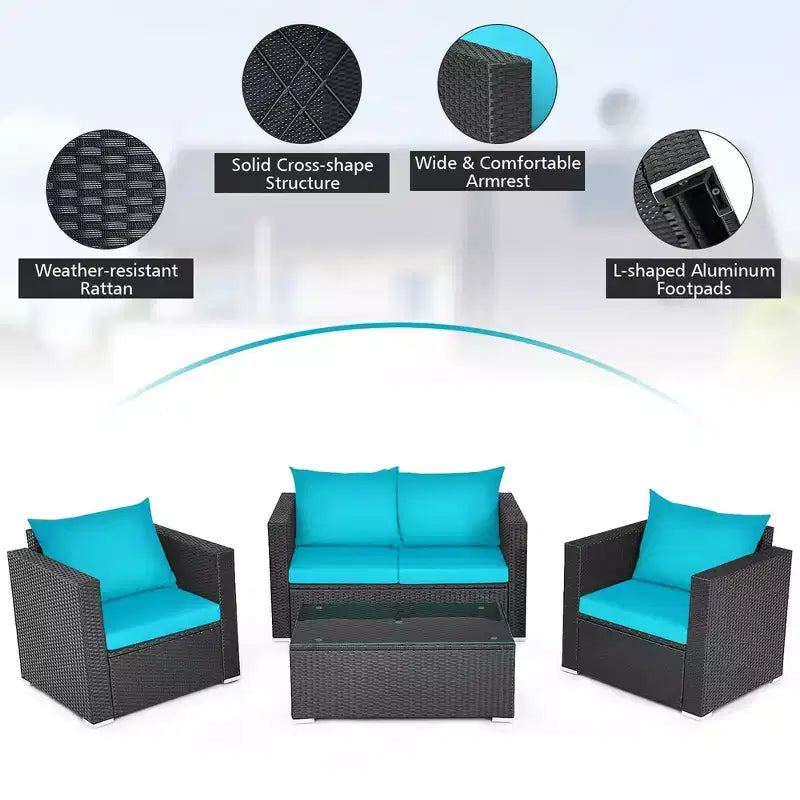 Costway 4-teiliges Gartenmöbel-Set aus Rattan mit gepolstertem Sofa, Stuhl und Couchtisch, Türkis