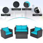 Costway 4-teiliges Gartenmöbel-Set aus Rattan mit gepolstertem Sofa, Stuhl und Couchtisch, Türkis