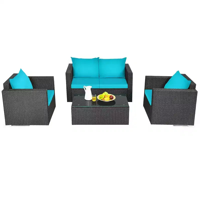 Costway 4-teiliges Gartenmöbel-Set aus Rattan mit gepolstertem Sofa, Stuhl und Couchtisch, Türkis