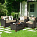 Costway 4PCS Patio Rattan Furniture Set Solid Wood Leg Cushioned Sofa Garden Lawn