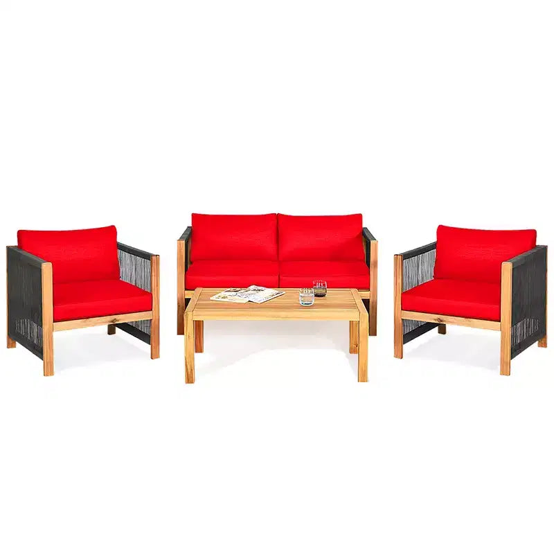 Ensemble de mobilier de patio en bois Costway, 4 pièces, canapé avec coussins et accoudoirs en corde, blanc	urquoise	rouge
