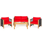 Ensemble de mobilier de patio en bois Costway, 4 pièces, canapé avec coussins et accoudoirs en corde, blanc	urquoise	rouge