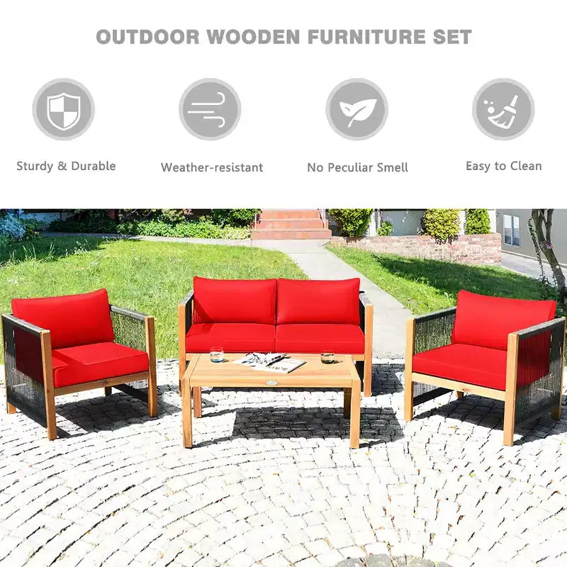 Ensemble de mobilier de patio en bois Costway, 4 pièces, canapé avec coussins et accoudoirs en corde, blanc	urquoise	rouge