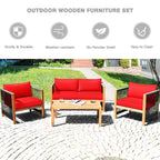 Ensemble de mobilier de patio en bois Costway, 4 pièces, canapé avec coussins et accoudoirs en corde, blanc	urquoise	rouge
