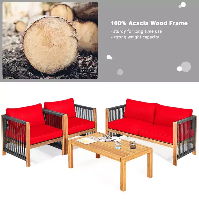Ensemble de mobilier de patio en bois Costway, 4 pièces, canapé avec coussins et accoudoirs en corde, blanc	urquoise	rouge