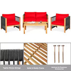 Ensemble de mobilier de patio en bois Costway, 4 pièces, canapé avec coussins et accoudoirs en corde, blanc	urquoise	rouge