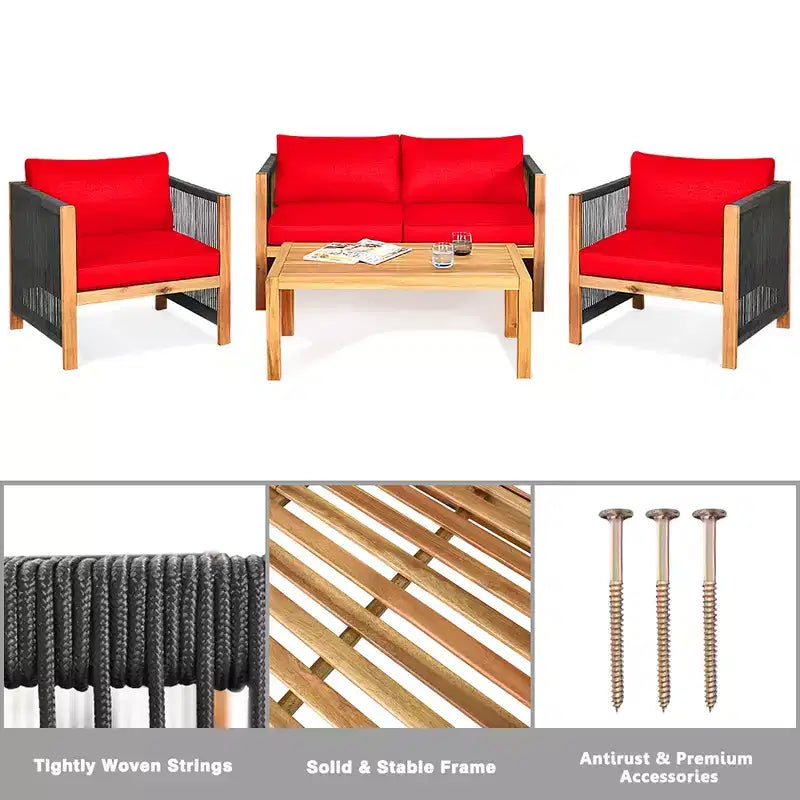 Ensemble de mobilier de patio en bois Costway, 4 pièces, canapé avec coussins et accoudoirs en corde, blanc	urquoise	rouge