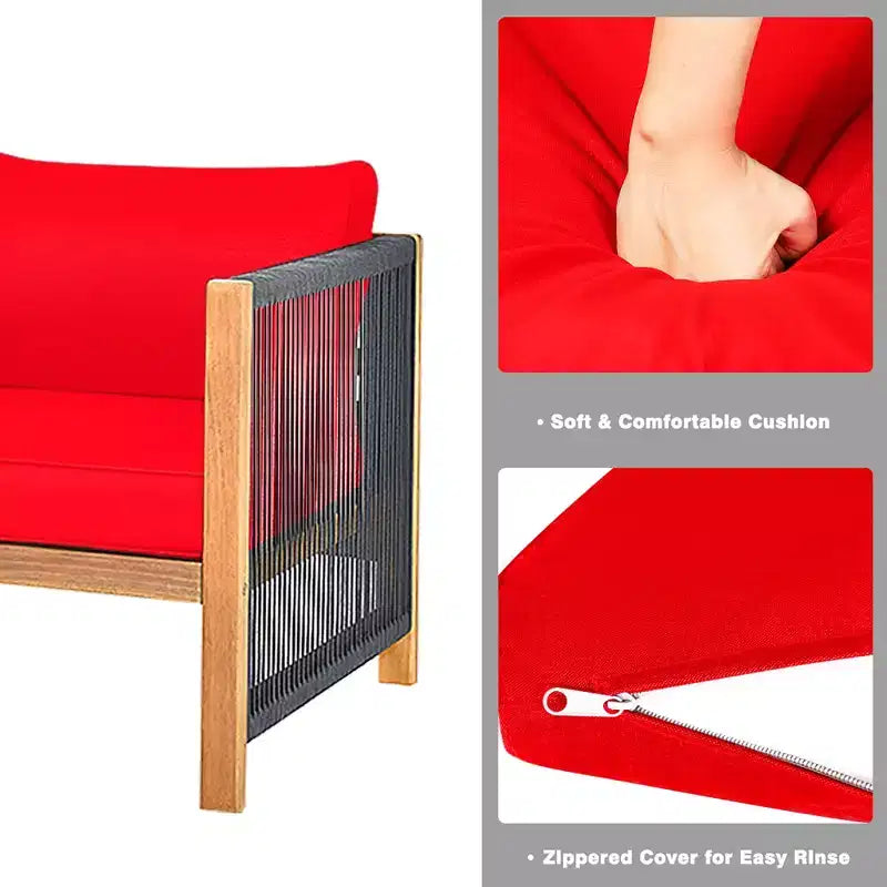 Ensemble de mobilier de patio en bois Costway, 4 pièces, canapé avec coussins et accoudoirs en corde, blanc	urquoise	rouge