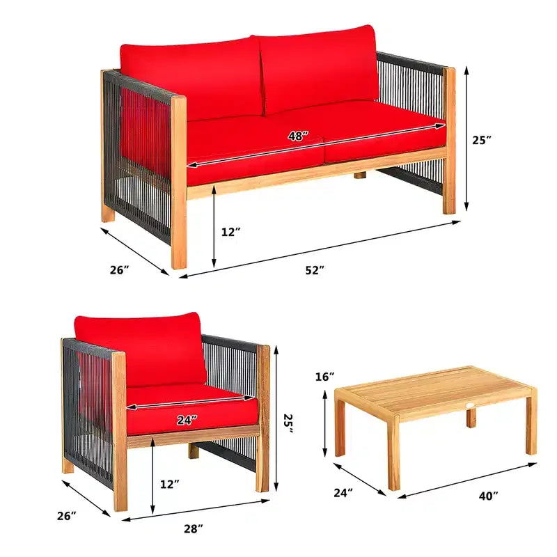 Ensemble de mobilier de patio en bois Costway, 4 pièces, canapé avec coussins et accoudoirs en corde, blanc	urquoise	rouge