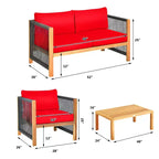 Ensemble de mobilier de patio en bois Costway, 4 pièces, canapé avec coussins et accoudoirs en corde, blanc	urquoise	rouge
