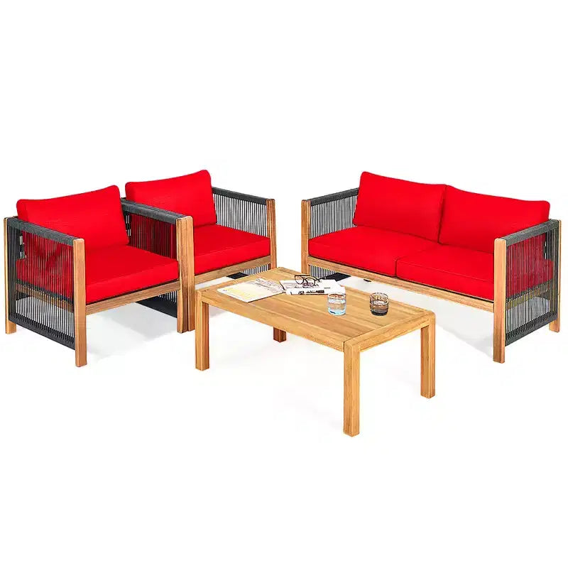 Ensemble de mobilier de patio en bois Costway, 4 pièces, canapé avec coussins et accoudoirs en corde, blanc	urquoise	rouge