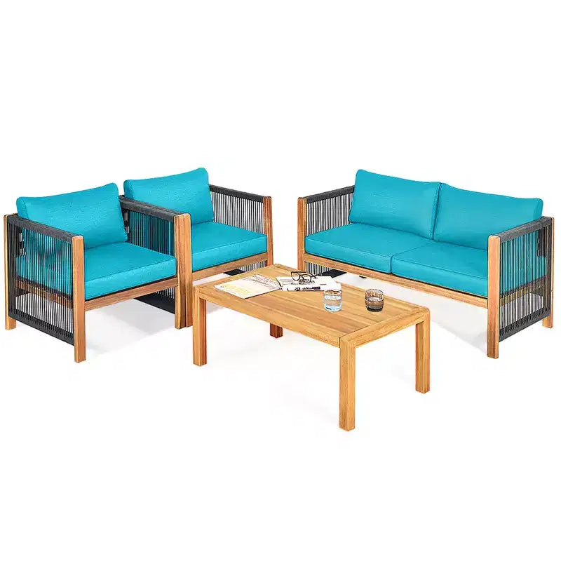 Ensemble de mobilier de patio en bois Costway, 4 pièces, canapé avec coussins et accoudoirs en corde, blanc	urquoise	rouge