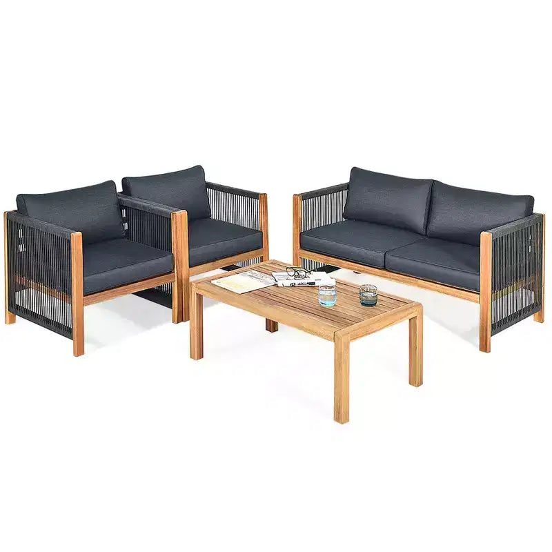 Ensemble de mobilier de patio en bois Costway, 4 pièces, canapé avec coussins et accoudoirs en corde, blanc	urquoise	rouge