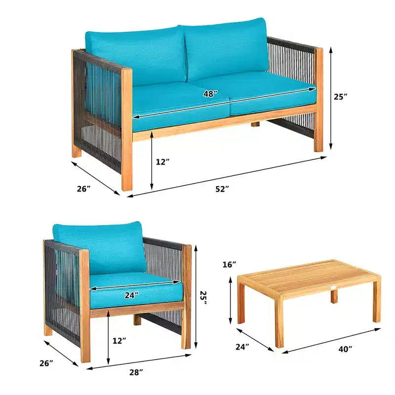 Ensemble de mobilier de patio en bois Costway, 4 pièces, canapé avec coussins et accoudoirs en corde, blanc	urquoise	rouge