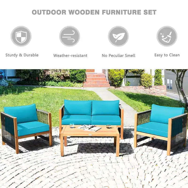 Ensemble de mobilier de patio en bois Costway, 4 pièces, canapé avec coussins et accoudoirs en corde, blanc	urquoise	rouge
