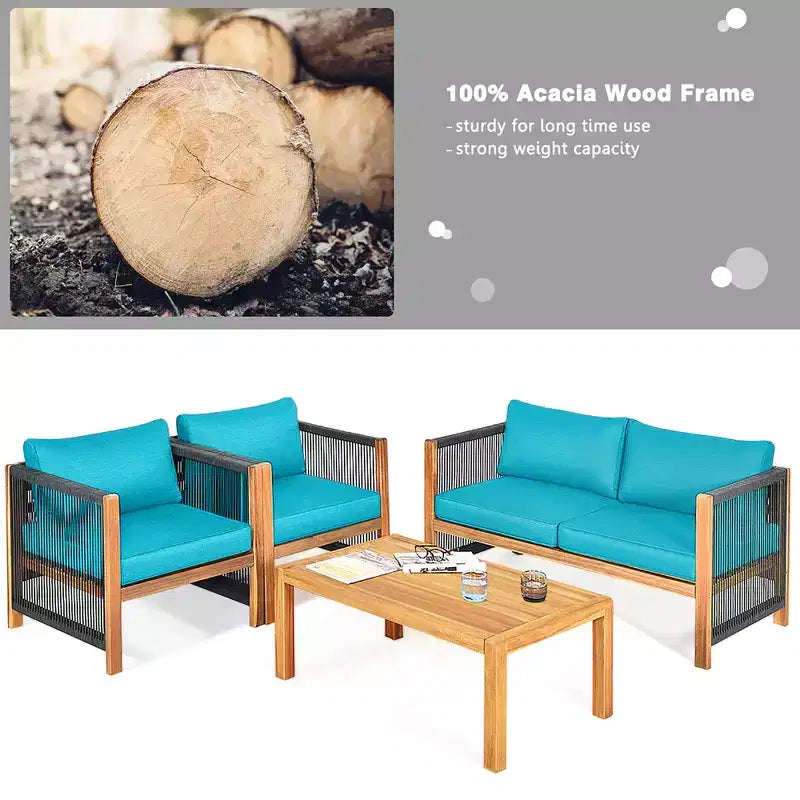 Ensemble de mobilier de patio en bois Costway, 4 pièces, canapé avec coussins et accoudoirs en corde, blanc	urquoise	rouge