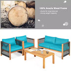 Ensemble de mobilier de patio en bois Costway, 4 pièces, canapé avec coussins et accoudoirs en corde, blanc	urquoise	rouge