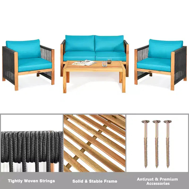 Ensemble de mobilier de patio en bois Costway, 4 pièces, canapé avec coussins et accoudoirs en corde, blanc	urquoise	rouge