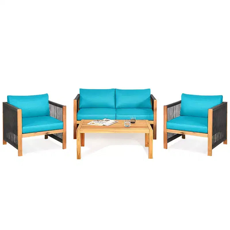 Ensemble de mobilier de patio en bois Costway, 4 pièces, canapé avec coussins et accoudoirs en corde, blanc	urquoise	rouge